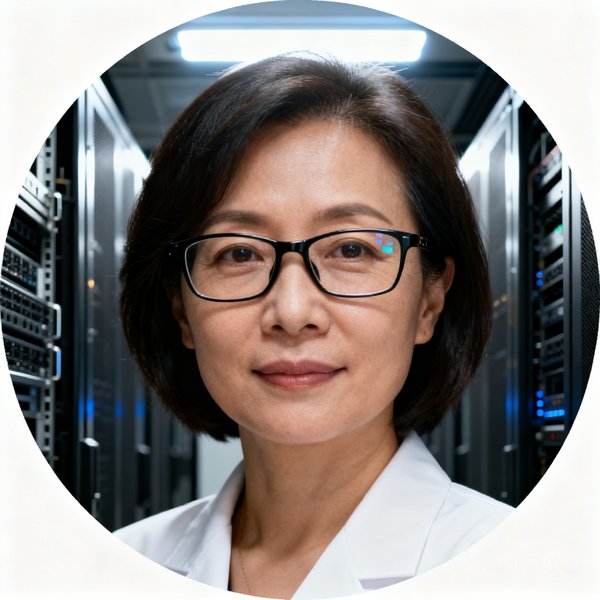 数据总监李娜的圆形头像，一位35岁左右的女性，戴着黑框眼镜，穿着白色职业装，背景是服务器机房。